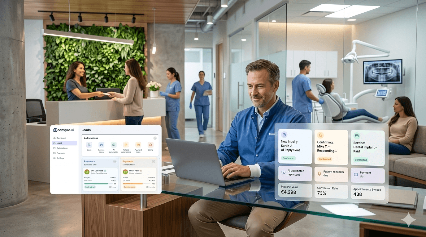 Dental practice manager reviewing leads and payments on Convyro AI
