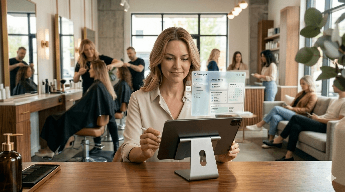 Salon owner managing bookings with Convyro AI on tablet